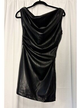 Edge By KS Mini Off The Shoulder Dress Ruched Black Faux Leather Small $68
